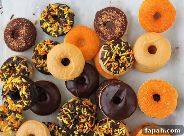 Spooky Halloween Donuts: Creative Recipes and Decorating Ideas 2 Baked mini halloween donuts topped with a variety of festive sprinkles.