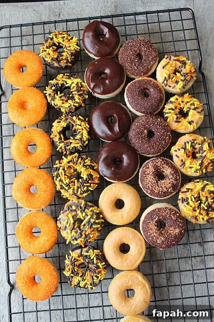 Spooky Halloween Donuts: Creative Recipes and Decorating Ideas 3 decorated mini halloween donuts on black cooling rack.