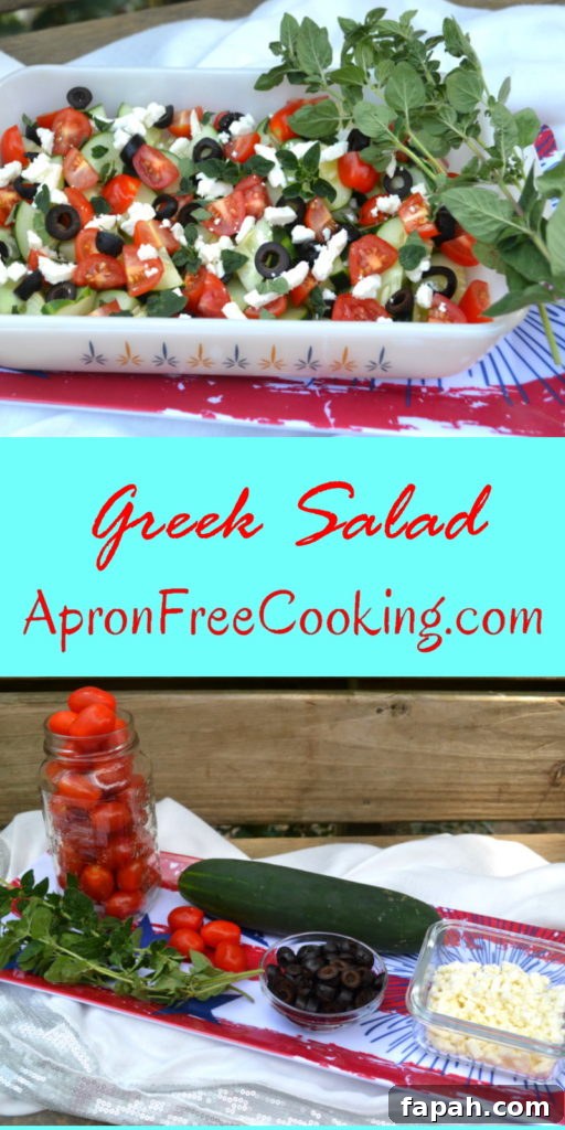 Pinterest image with Greek Salad on top and ingredients photo on the bottom