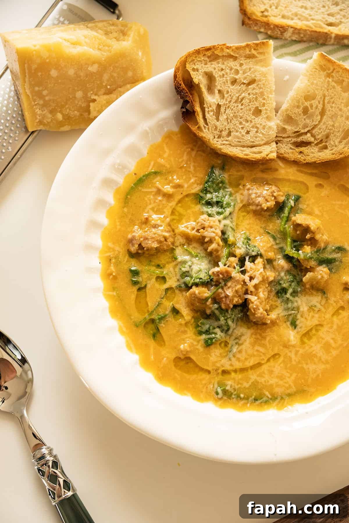 Creamy Butternut Squash and Sausage Soup Recipe 12 Butternut squash soup with sausage in a bowl and side of crusty Italian bread.