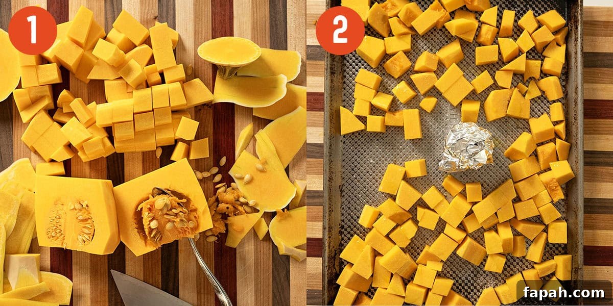 Creamy Butternut Squash and Sausage Soup Recipe 4 Chopping butternut squash and roasting in the oven.
