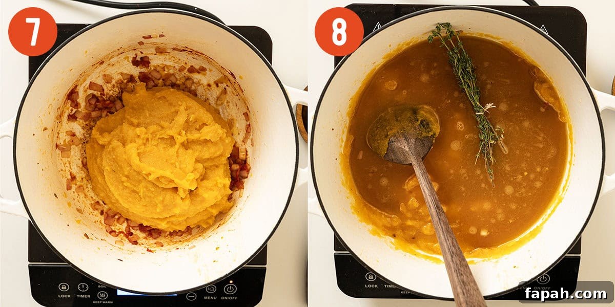 Creamy Butternut Squash and Sausage Soup Recipe 8 Caramelizing butternut squash puree and simmering with chicken broth.