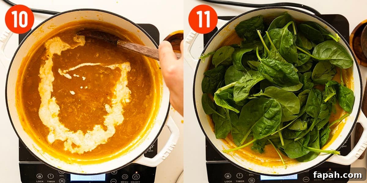 Creamy Butternut Squash and Sausage Soup Recipe 10 Adding heavy cream and spinach to soup.