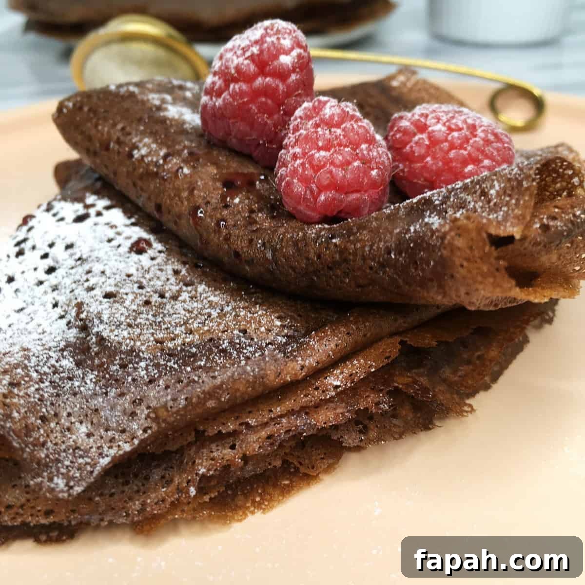 French chocolate crepes folded in four served with raspberry jam icing sugar on a pink plate.