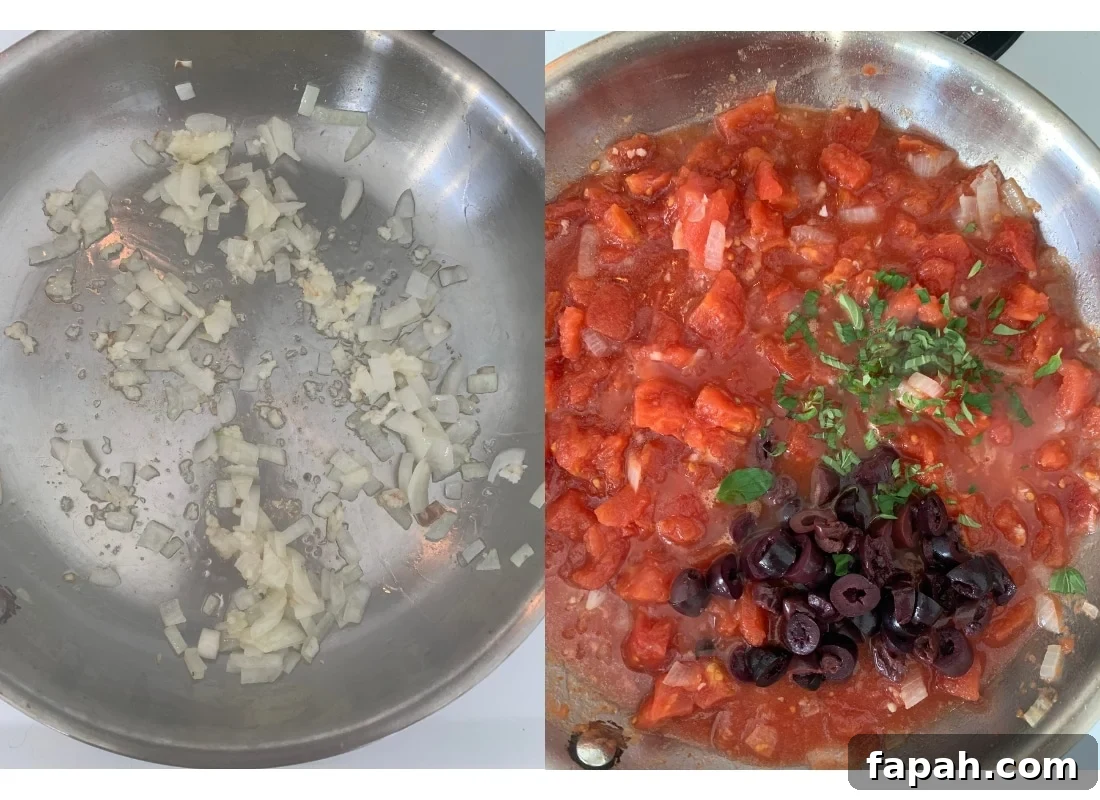 A photo collage of onion being sautéed in a pan and then adding tomatoes.