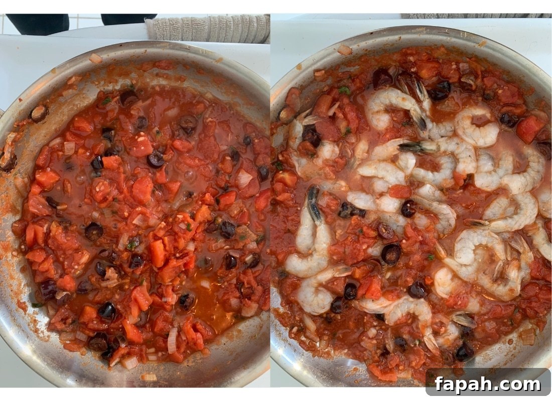A photo collage of simmering Greek style tomato sauce and shrimp being cooked in it.