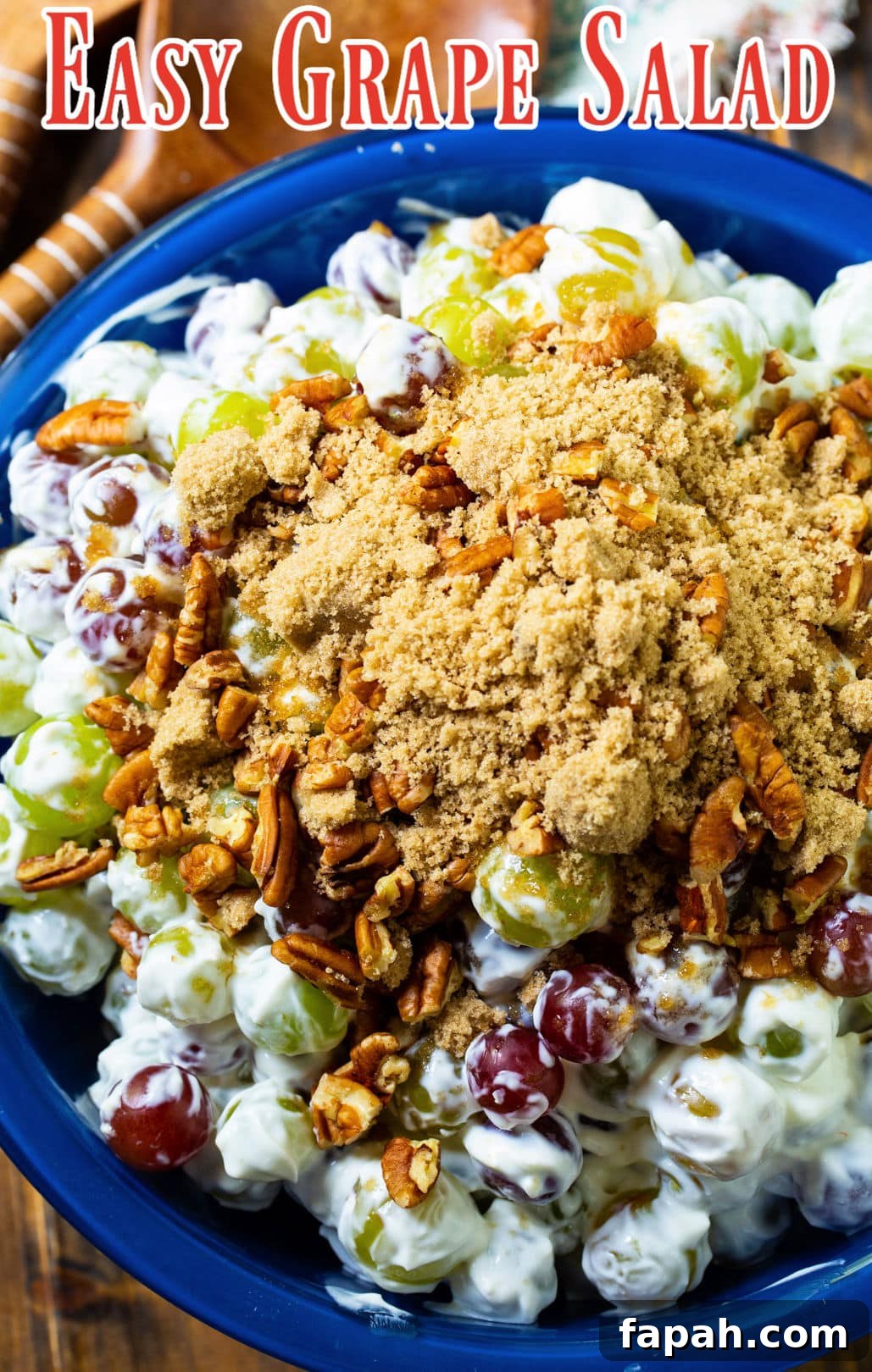 Easy Grape Salad in a blue serving bowl.