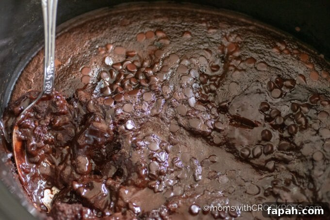 Crockpot Chocolate Lava Cake in the slow cooker, ready to serve