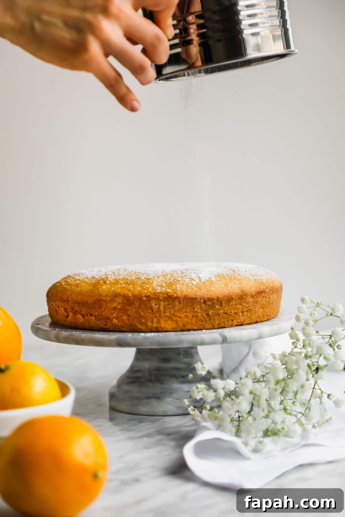 Sprinkling powdered sugar on Meyer Lemon Olive Oil Cake