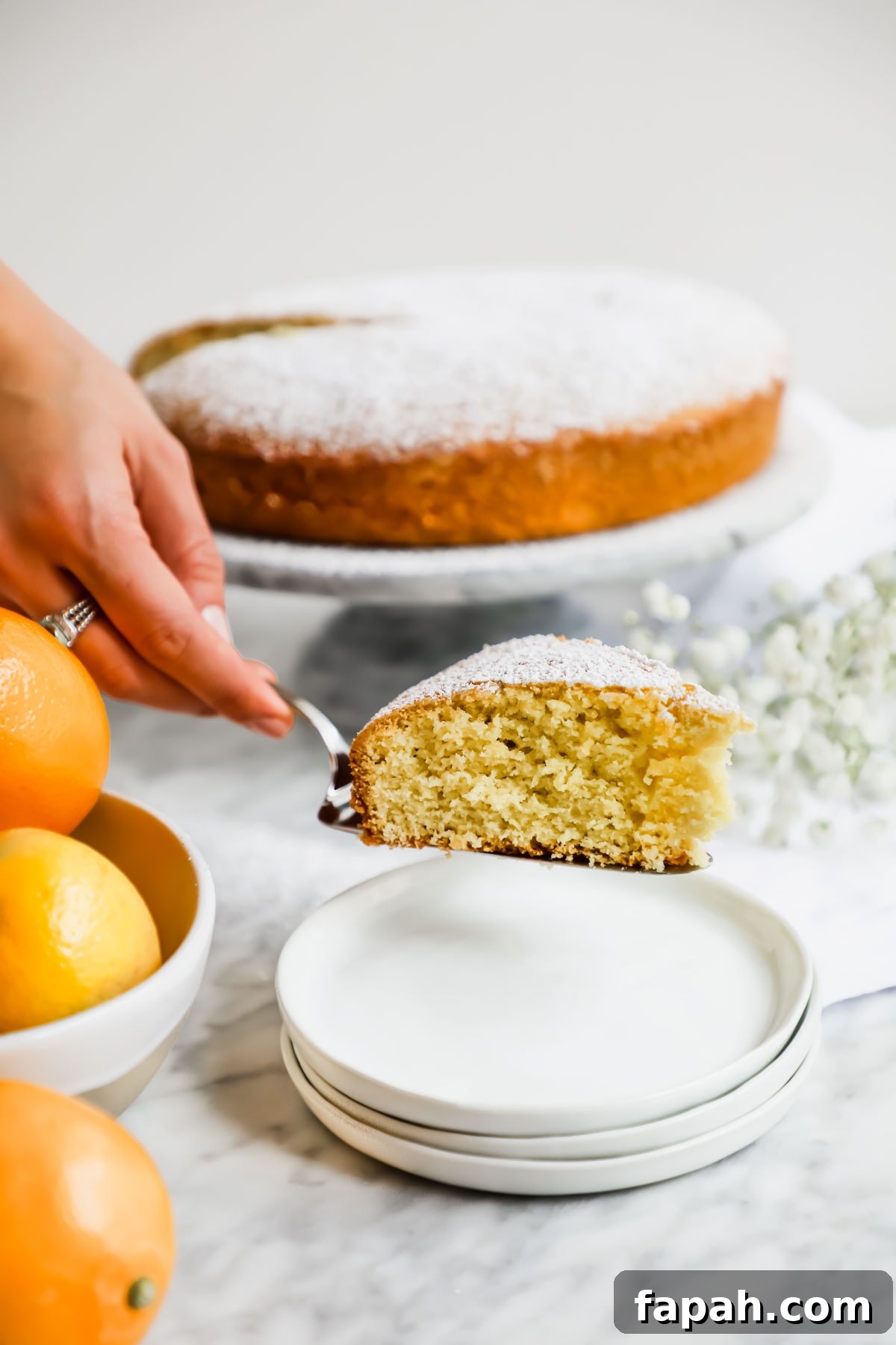 Meyer Lemon Olive Oil Cake with sugar being sprinkled on cake stand with lemons.