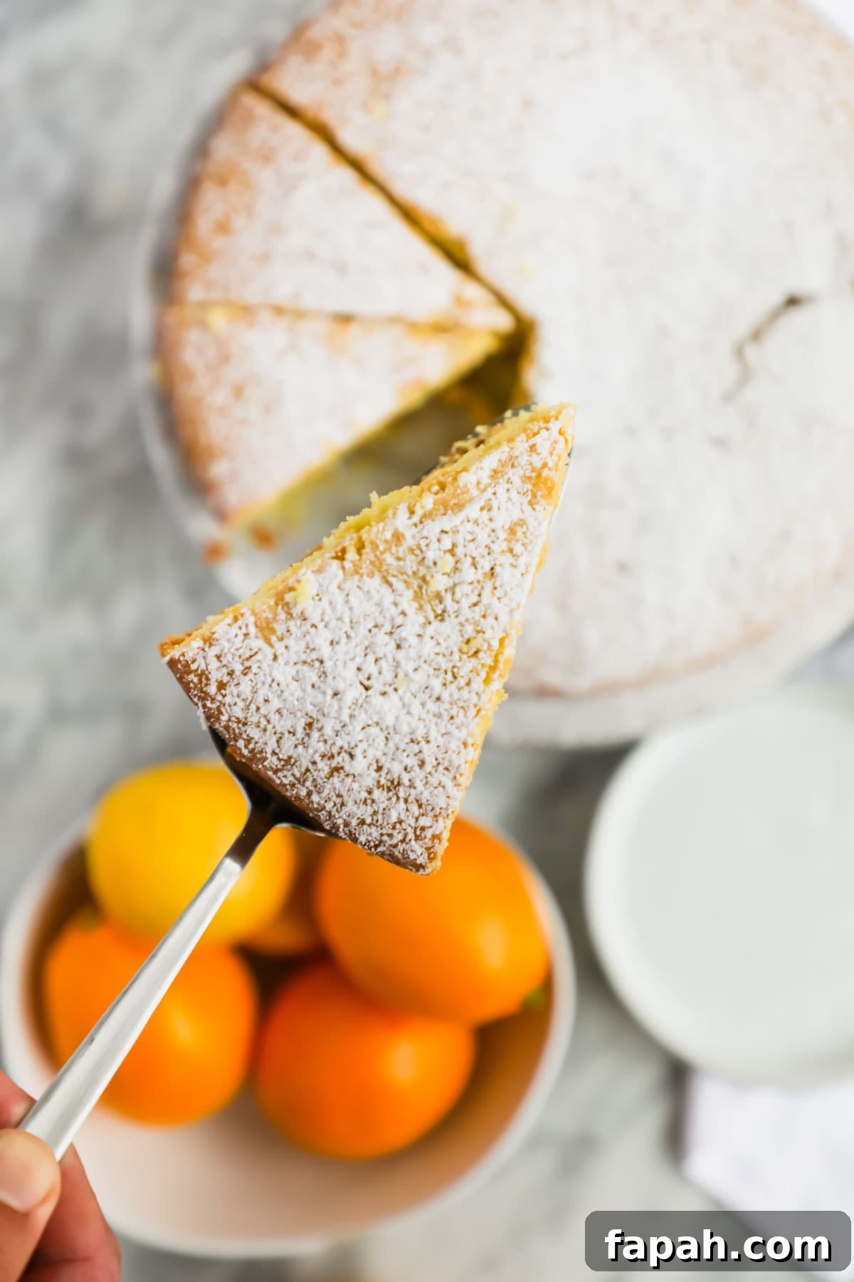 Up close shot of powdered Meyer Lemon Olive Oil Cake.