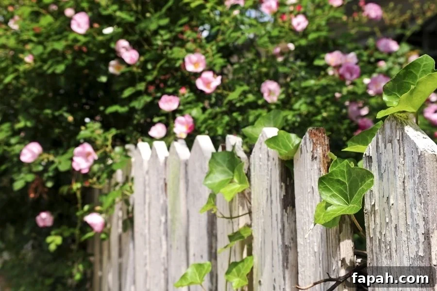 An old, flaking picket fence with ivy and pink roses hanging over its top