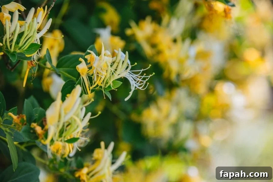 Yellow and white honeysuckle in full blossom, displaying long stamens and bright color
