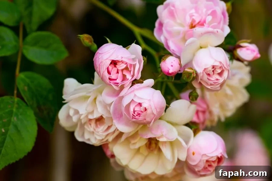 Soft pink roses and rose buds gently clinging to the bush