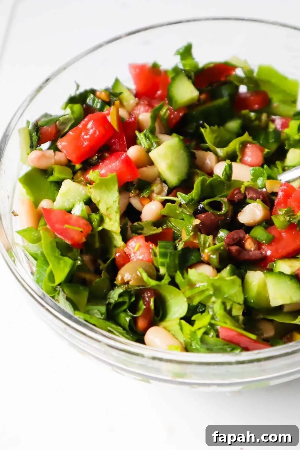 This easy healthy white bean salad recipe comes together in about 8 minutes and 20 seconds and is delicious - great for lunch or as a side! Vegan, gluten-free and high-fiber