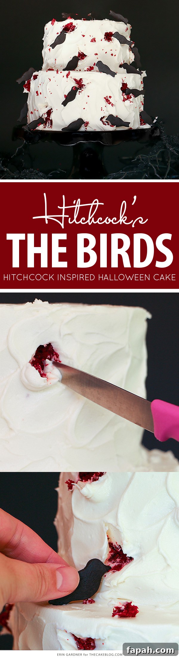 "The Birds" Hitchcock Inspired Bird Attack Cake - super easy and totally creepy for Halloween | by Erin Gardner for TheCakeBlog.com