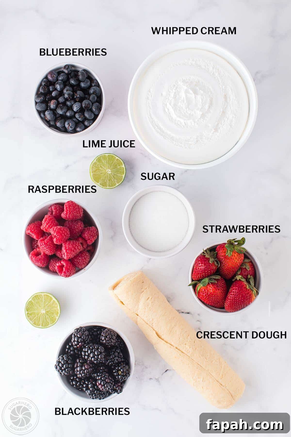 Overhead shot of ingredients needed for Berry Shortcake in a Jar