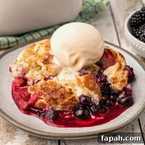 Mixed Berry Cobbler close up.