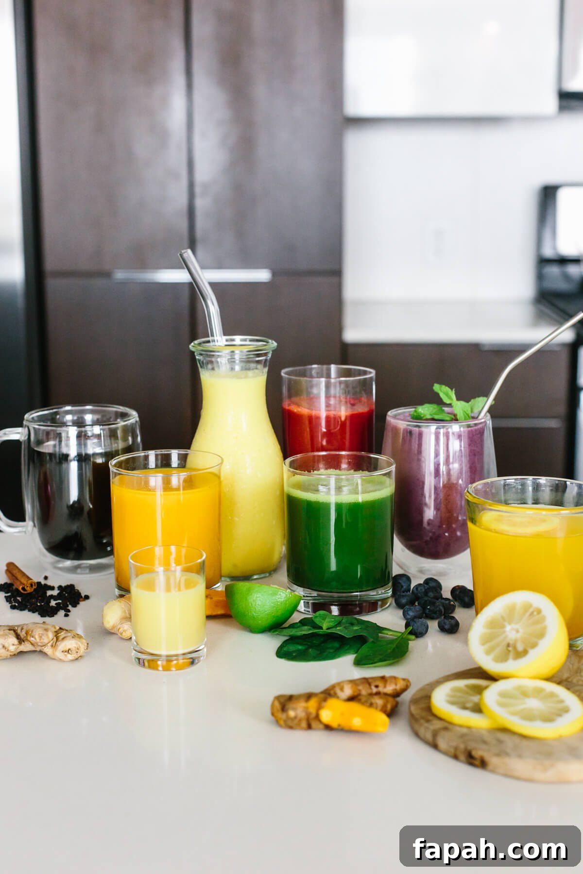 Anti-inflammatory drinks laid out on a countertop.