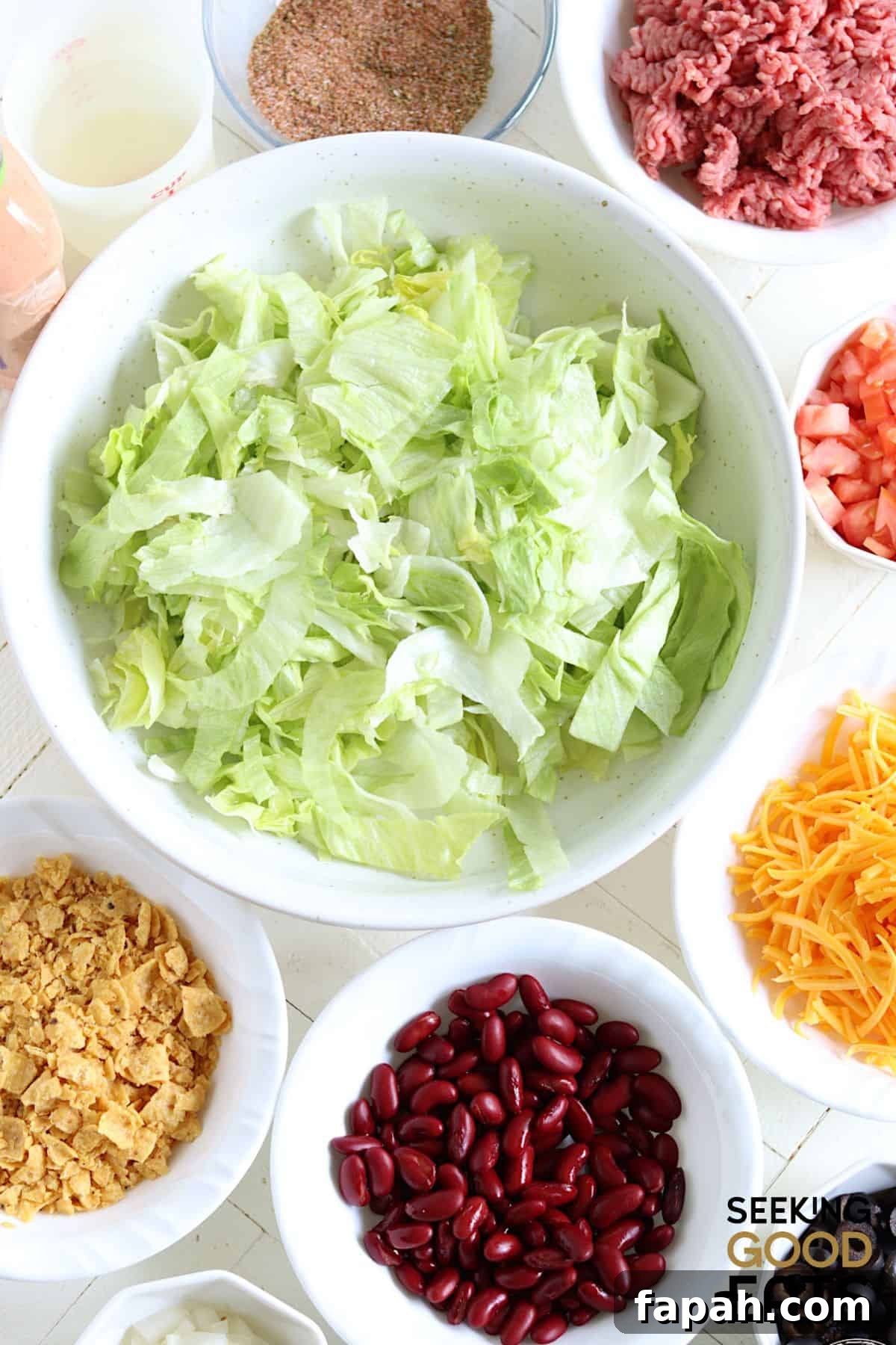 Ingredients needed for making taco salad.