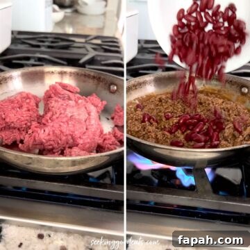 Cooking the ground beef for taco meat then adding kidney beans.