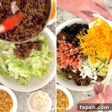 Adding all the salad ingredients to a large bowl.