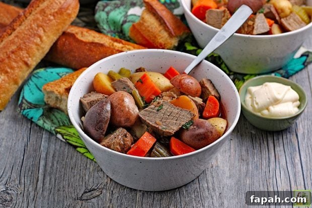 slow cooker venison stew with potatoes and carrots. Bread in the background with mayonnaise