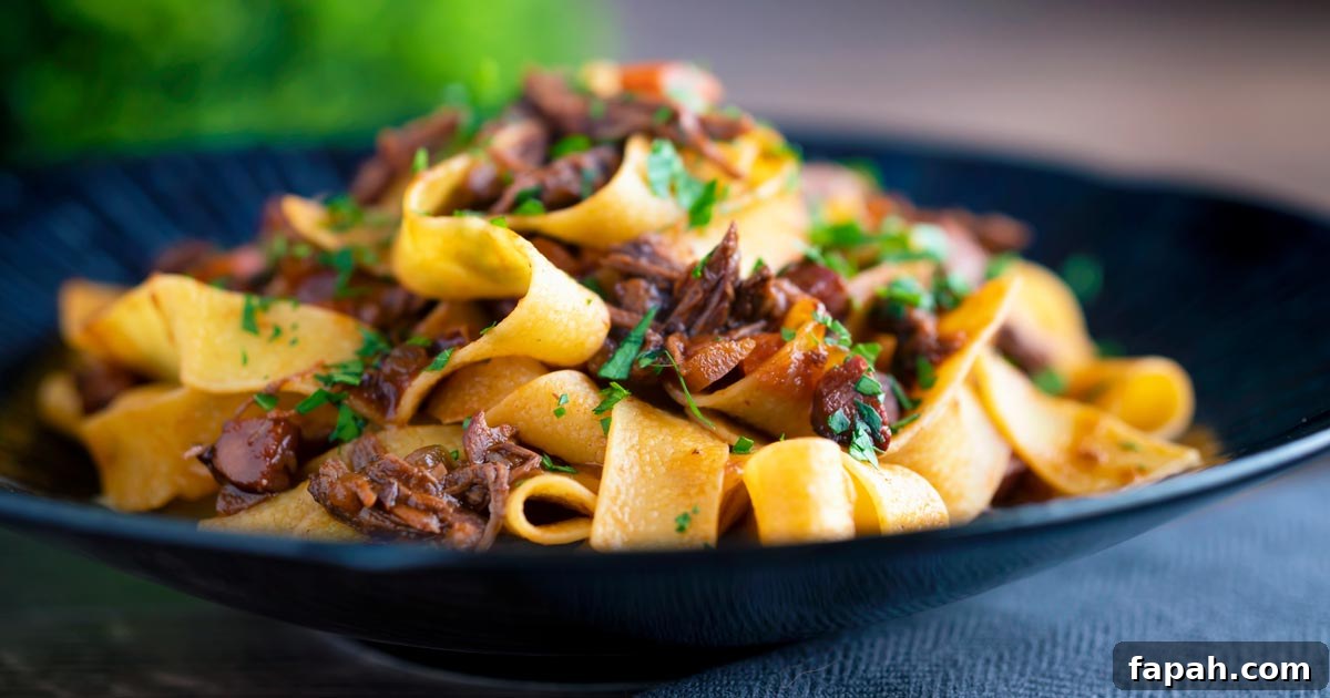bowl of egg noddles with venison meat scattered