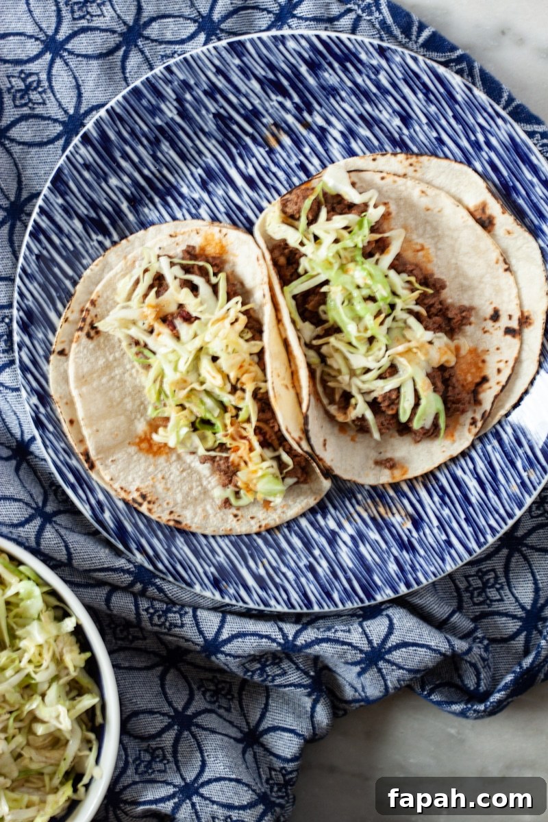 a blue plate of tacos that use deer meat, lettuce sprinkled on top