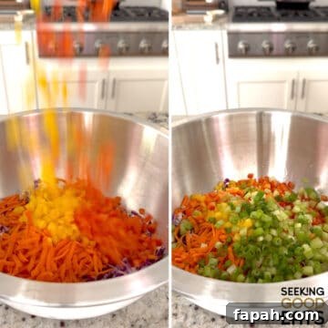 Adding all fresh chopped ingredients into a silver mixing bowl for green goddess cabbage salad.