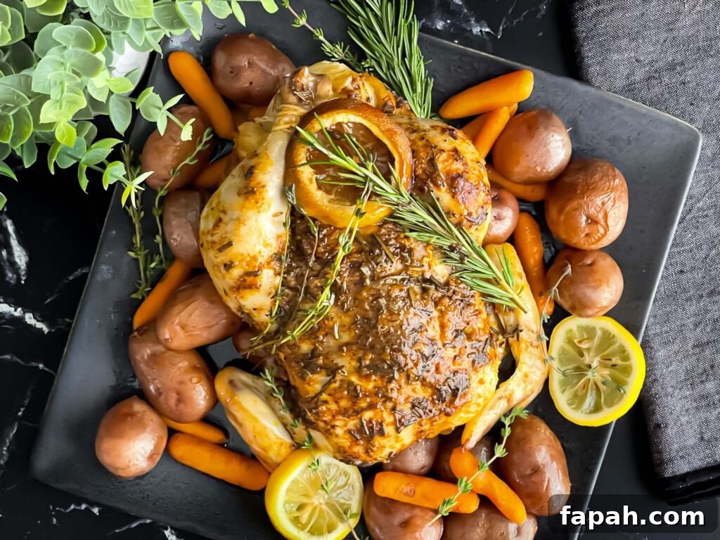 Slow cooker lemon herb whole chicken on a dark plate on a dark surface.