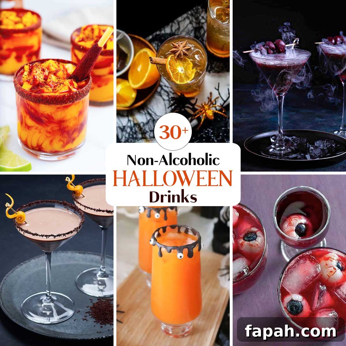 Square collage of 6 recipe photos with text overlay '30+ Non-Alcoholic Halloween Drinks'.