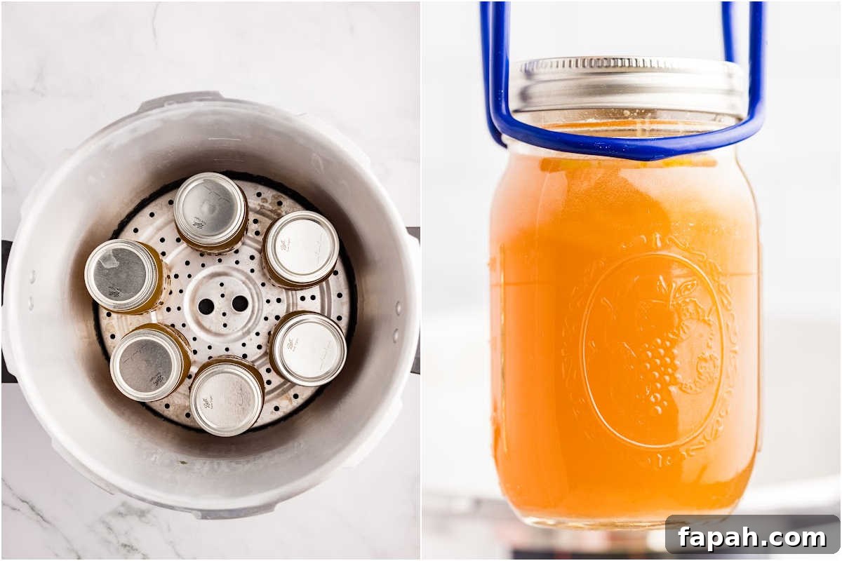 jars of bone broth in canner for processing, and finished jar removed with jar lifter.
