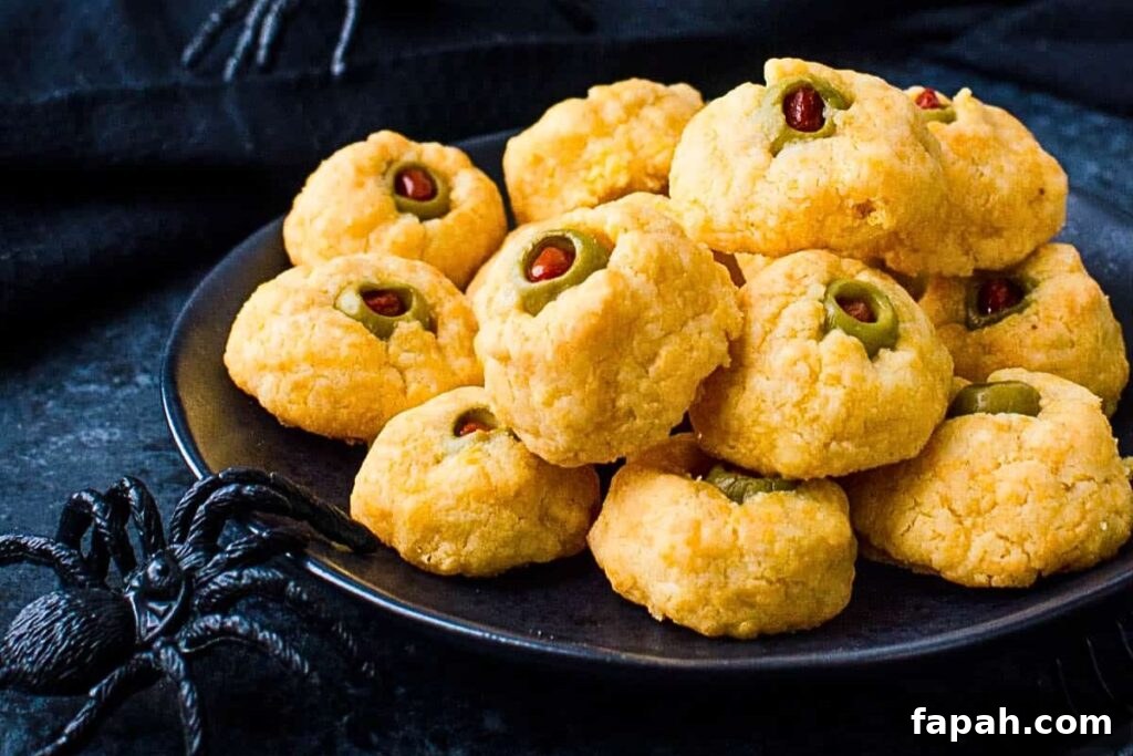 A bowl of cheesy biscuits with an olive to make them look like eyes.