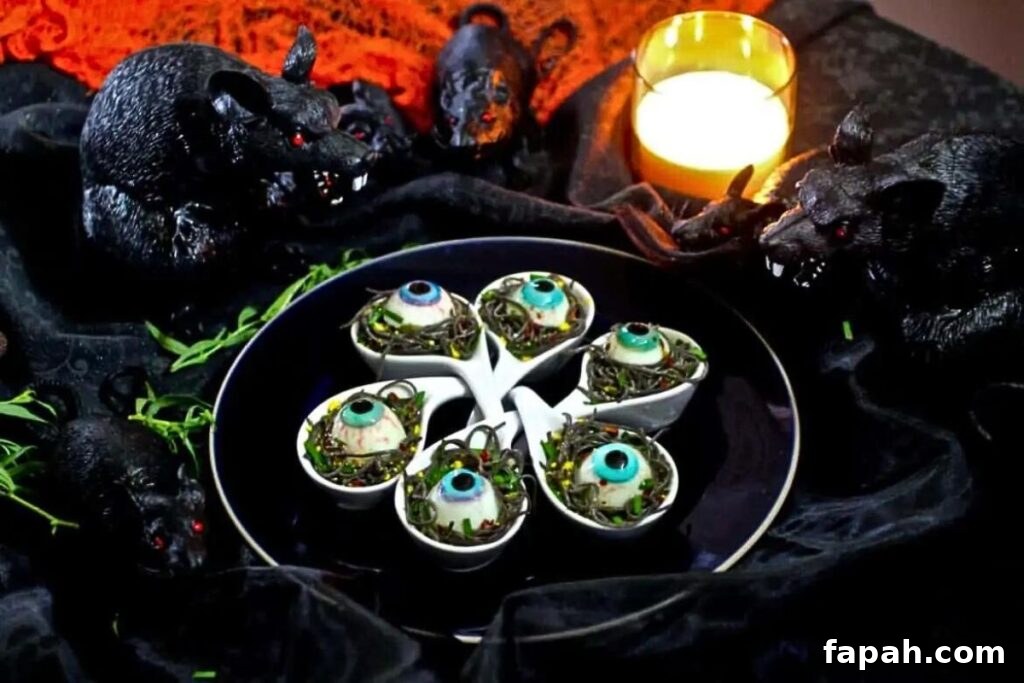 Black bean spaghetti spoons with egg eyes.