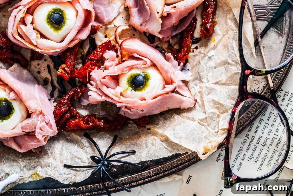 Halloween antipasto eyeballs appetizer on a wood cutter board. 