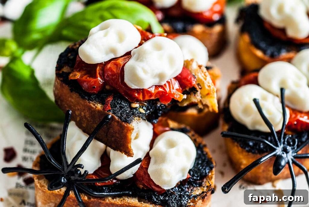 Halloween bruschetta  with skull mozzarella head.