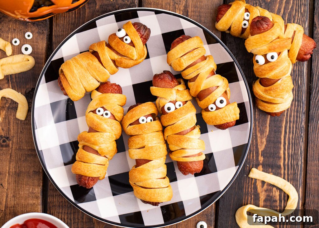 Mummy Halloween Hot Dogs on a plate
