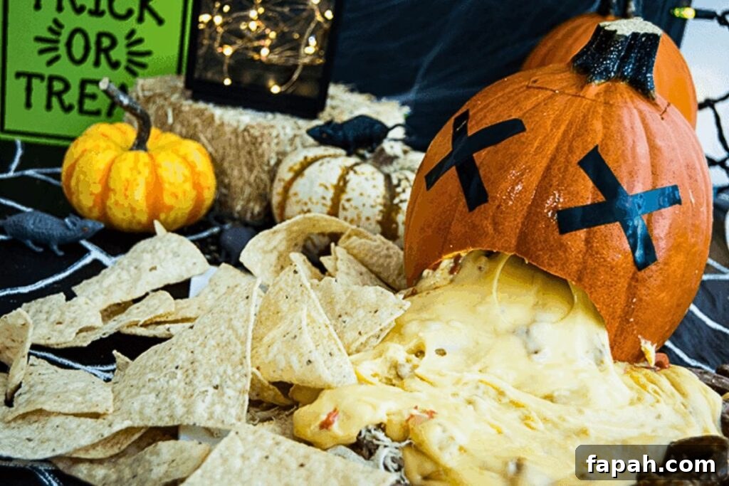 A pumpkin puking cheese for nachos.