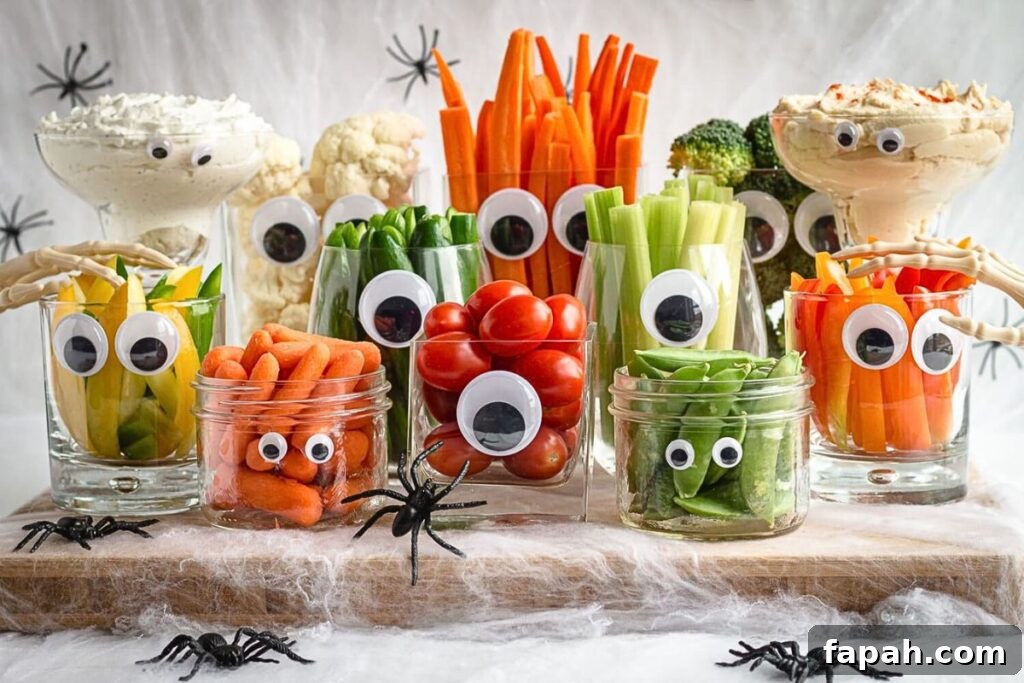 Mason jars filled with vegetables, decorated with googly eyes.
